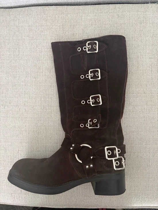 Steve Madden Brocks Chocolate Brown Suede Buckle Slouch Mid-Calf Moto Boots - Picture 3 of 12